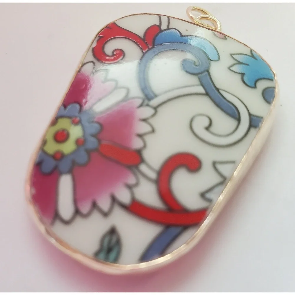 Floral Flourish‎ Chinoiserie Pendant Pink Blue Porcelain Pottery Shard Jewelry